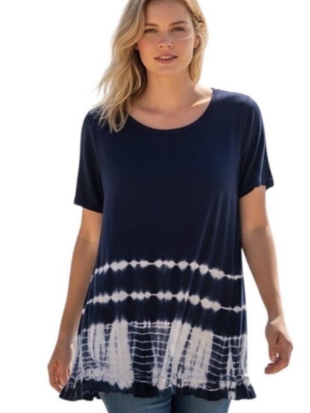 Style & Co Tie Dye Tee Womens XXL Navy Ruffled Hem Beachy Casual Knit Boho Top